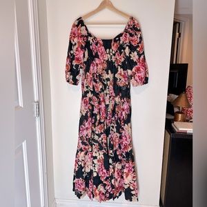 Anthropologie Black and Pink Floral Smocked Puff Sleeve Maxi Dress